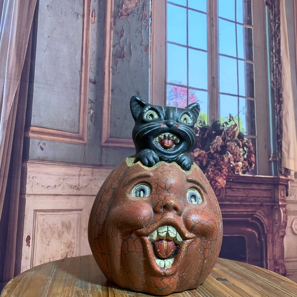 Halloween Other - Halloween Cat Pumpkin Vintage Retro Crackle Paint Decor Party Decoration Rare